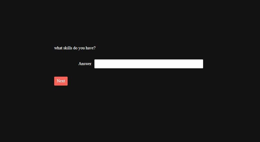 remix React app in progress shows question ‘what skills do you have’ with a form field to answer