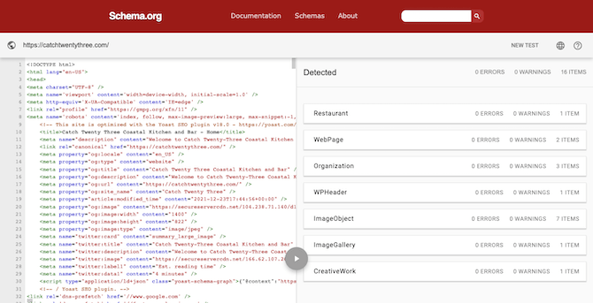 The Schema.org Validator tool is used to search through the code for https://catchtwentythree.com/. It detected structured data for: Restaurant, WebPage, Organization, WPHeader, ImageObject, ImageGallery, and CreativeWork.