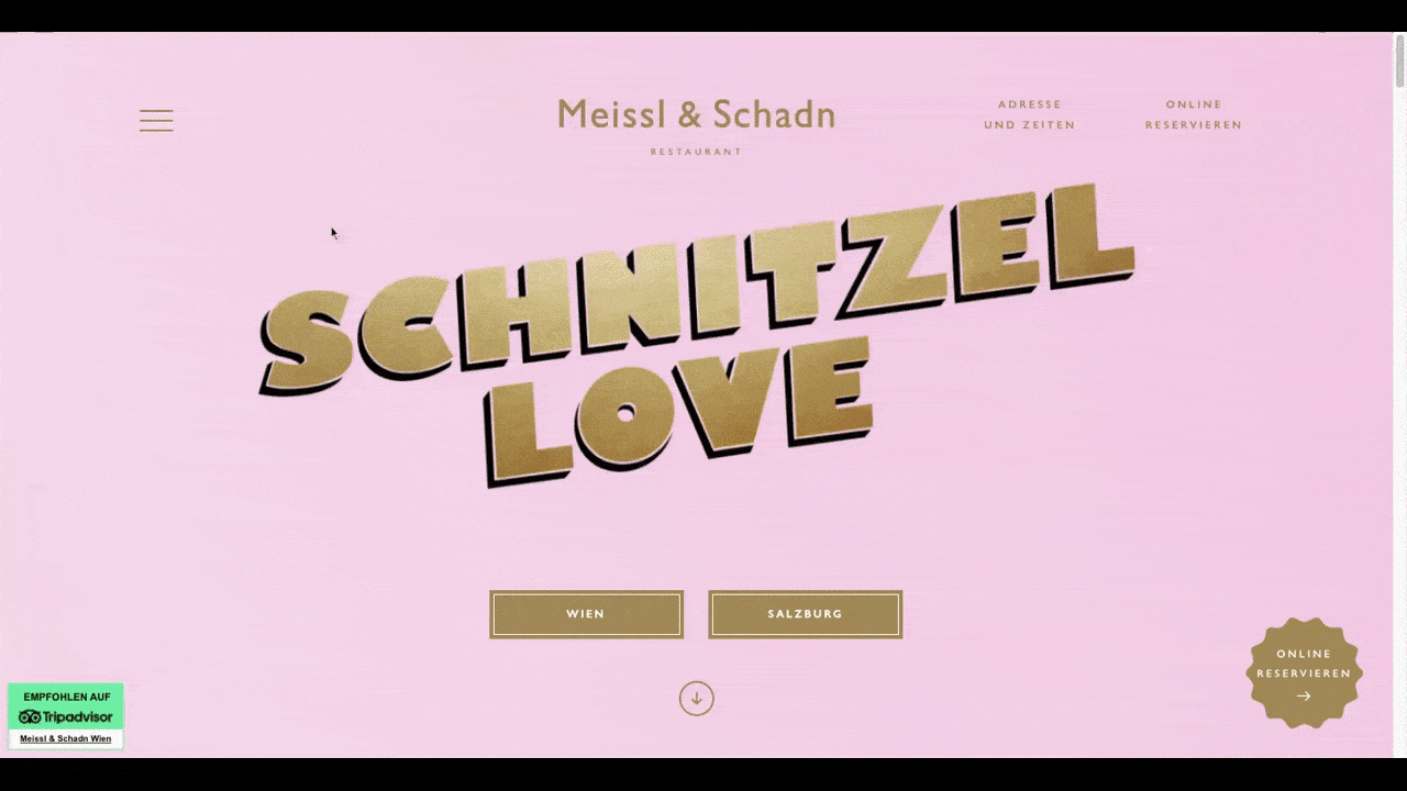 At the top of the Meissl & Schadn restaurant website is a typography-only hero section. The pulsing animations says “Schnitzel Love”. Beneath t are two buttons: “Wien” and “Salzburg”.