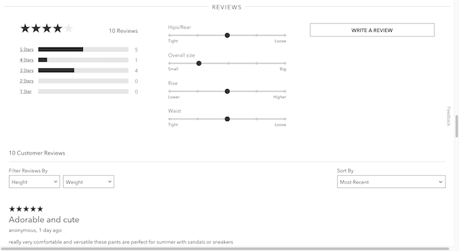 On the Athleta website, shoppers can look at customer reviews. Beside the average review bar chart is a slider that gauges how true-to-size their products are based on customer input. This slider displays information on Hips/Rear, Overall size, Rise, and Waist.