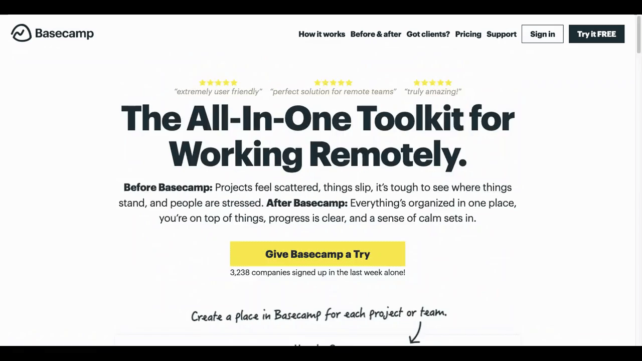 A GIF depicts what it looks like to scroll down the Basecamp homepage. It starts with a large black title tag at the top that reads “The All-In-One Toolkit for Working Remotely.” The user then slows down when they read a headline that reads “Companies change for the better when they work in Basecamp.” It’s followed by a series of testimonials in a heavy black font.