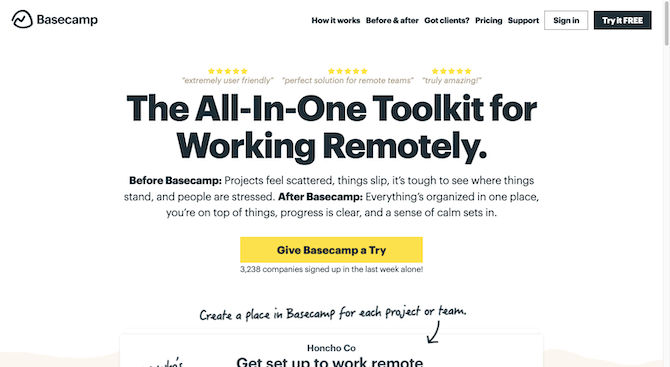 The top of the Basecamp homepage greets visitors with a large H1 tag that reads: “The All-In-One Toolkit for Working Remotely.” It’s followed by a short paragraph of text and a yellow button that reads “Give Basecamp a Try”.