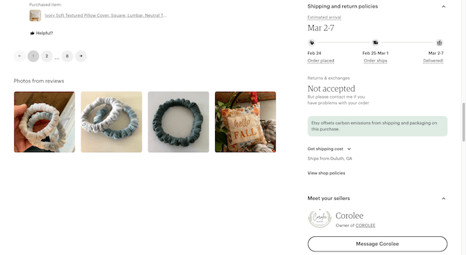Etsy vendors get to dictate whether returns or exchanges are accepted. On this example product page, the “Shipping and return policies” sidebar says “Returns & exchanges Not accepted - But please contact me if you have problems with your order”.