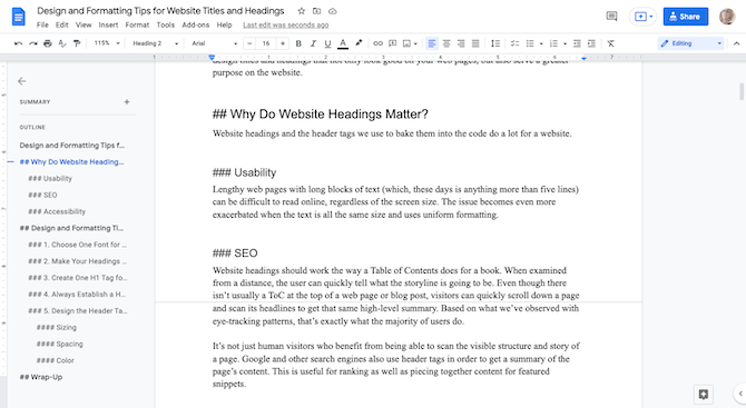 In Google Docs, a user has activated the Document Outline sidebar. It opens to the left of the document and reveals the heading structure of the content written on the page.