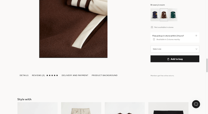 On the H&M website, just beneath the product photos, is a row of links for “Details”, “Reviews” (with a star rating), “Delivery and Payment”, and “Product Background”.