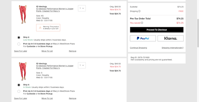 On the Macy’s shopping bag page, customers receive advisory notices when items are low in stock. In this reimagining of the warning message, the customer receives an alert that says “Warning: The product is already in your cart” when they’ve ordered more than one of the same item.