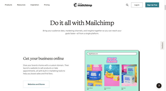 There’s a section on the Mailchimp homepage with a header that reads “Do it all with Mailchimp”. It’s followed by a single sentence paragraph and then a left-aligned paragraph that describes how to “Get your business online” with a companion image of a seafoam green webpage on the right.