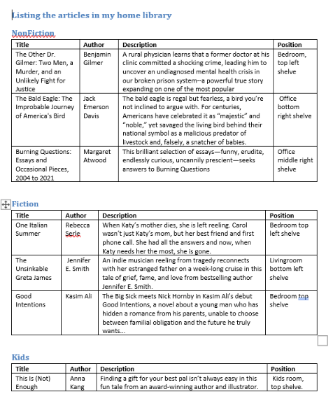 nested_mail_merge_blog_001 - three tables with genres nonfiction, fiction and kids.