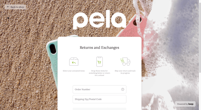 When Pela Case customers want to return a product, they have to go to the “Returns and Exchanges” page, and enter an Order Number as well as a “Shipping Zip/Postal Code”.