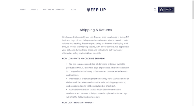 The Qeep Up website details its “Shipping & Returns” policy on a dedicated page where it answers questions like “How Long Until My Order Is Shipped?” and “How Can I Track My Order?”