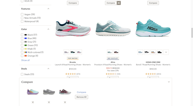 In the REI product search results page, shoppers are able to add products to a “Compare” tool. In this example, three running sneakers made by Brooks, Altra, and HOKA ONE ONE are shown. Beneath each product is a “Compare” button that adds the product to the Compare bar at the bottom.