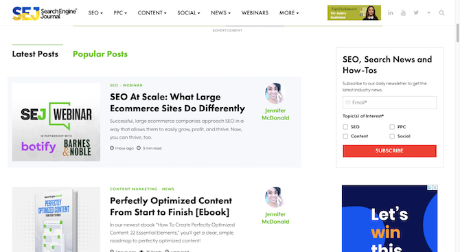 A screenshot of the Search Engine Journal home page. The “Latest Posts” section is selected and two article headlines appear beneath it: “SEO At Scale: What Large Ecommerce Sites Do Differently” and “Perfectly Optimized Content From Start to Finish [Ebook]”. Each has an accompanying image, description, and author headshot neat to it.