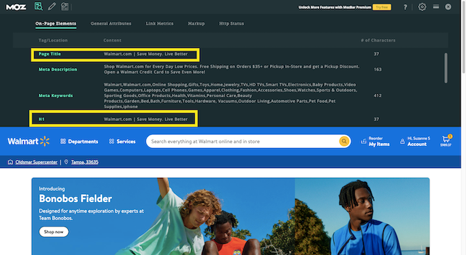 The MozBar extension for Google Chrome appears above the Walmart home page. The user has opened the data related to “On-Page Elements” and highlighted the Page Title and H1 which both read: “Walmart.com | Save Money. Live Better”.