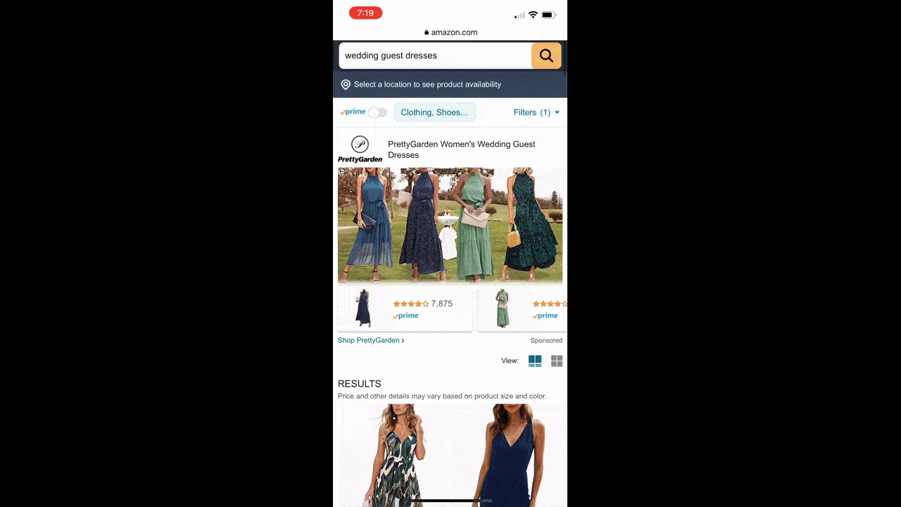 A GIF shows a user scrolling down an Amazon search results page for “wedding guest dresses”. At the top of the page is an image banner for a brand called PrettyGarden. Below that section are rectangular product boxes with wedding guests dresses made by a variety of vendors that match the search query.