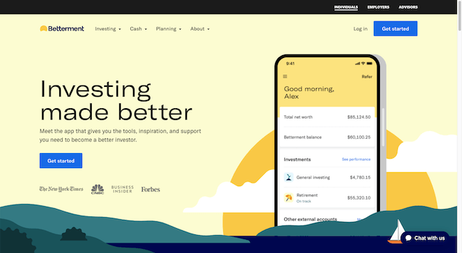 The hero image for the Betterment website has large header text that reads “Investing made better” next to a tall smartphone greeting the user with “Good morning, Alex” on the screen.