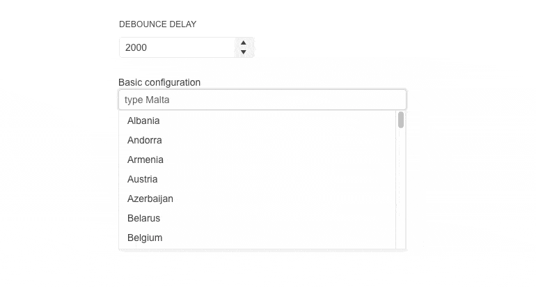Blazor-debounce-delay is set to 2000. User types in Malta in a list of countries, and after a 2-second delay, the list shows only Malta.