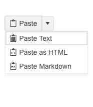 Blazor-SplitButton shows paste button with a clipboard icon and a down arrow for dropdown options: paste text, paste as HTML, paste markdown—each with a different icon.