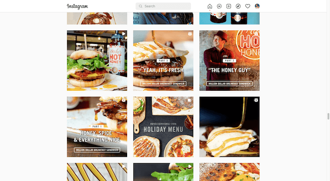 A screenshot of First Watch’s Instagram page feed. There are four posts with labels on top of them. The one in the center-bottom says “Introducing Our Holiday Menu” with photos of new menu items surrounding it. The next three posts are video previews — Part 1 is “Honey, Spice & Everything Nice”, Part 2 is “The Honest Guy”, and Part 3 is “Yeah, It’s Fresh”.