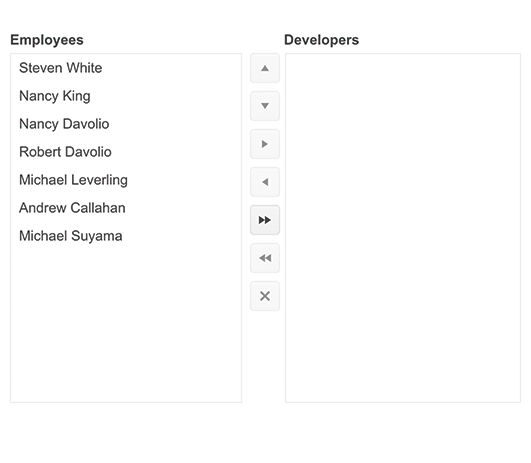 Kendo_UI_Angular_List_Box shows two boxes. One includes a list of employees. The other is a blank list of developers. Between the boxes are controls for adding members from one list to the other and moving and reordering them.