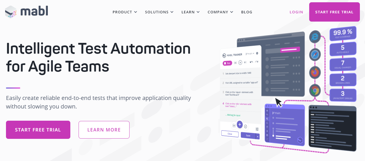 mabl header: Intelligent Test Automation for Agile TeamsEasily create reliable end-to-end tests that improve application quality without slowing you down.