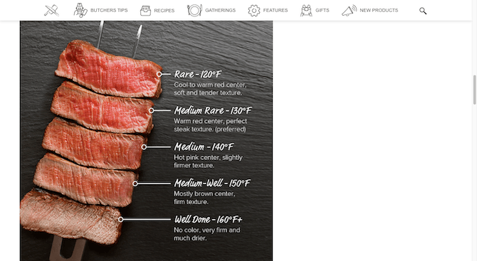 A blog post image on the Omaha Steaks blog shows off five slices of steak. Each slice has been cooked at a different temperature. The bright-red slice is Rare - 120 degrees Fahrenheit; the red slice is Medium-Rare at 130 degrees; the pink slice is Medium at 140 degrees; the light pink is Medium-Well at 150 degrees; and the mostly brown slice is Well Done at 160 degrees.
