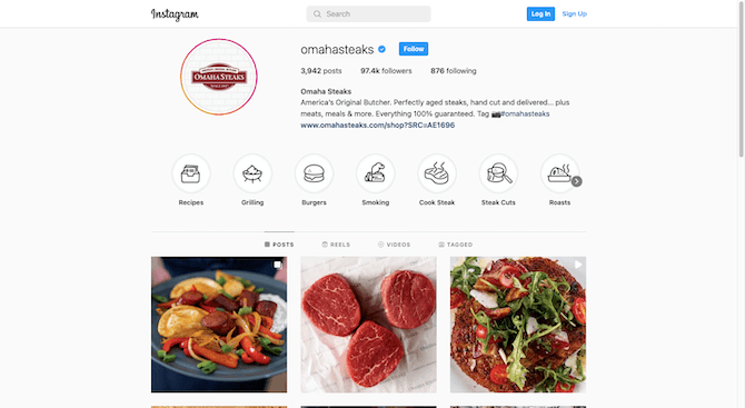 On the @omahasteaks Instagram page, they’ve created custom icons for their saved posts section. Each circle contains what looks like a hand-drawn icon to represent each of the categories: Recipes, Grilling, Burgers, Smoking, Cook Steak, Steak Cuts, and Roasts.