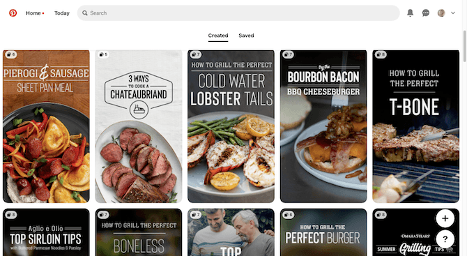 On the Omaha Steaks Pinterest account, users will find custom-designed promotional banners for their blog posts under “Created”. We see ones here for Pierogi & Sausage Sheet Pan Meal, 3 Ways to Cook a Chateaubriand, How to Grill the Perfect Cold Water Lobster Tails, Bourbon Bacon BBQ Cheeseburger, and How to Grill the Perfect T-Bone.