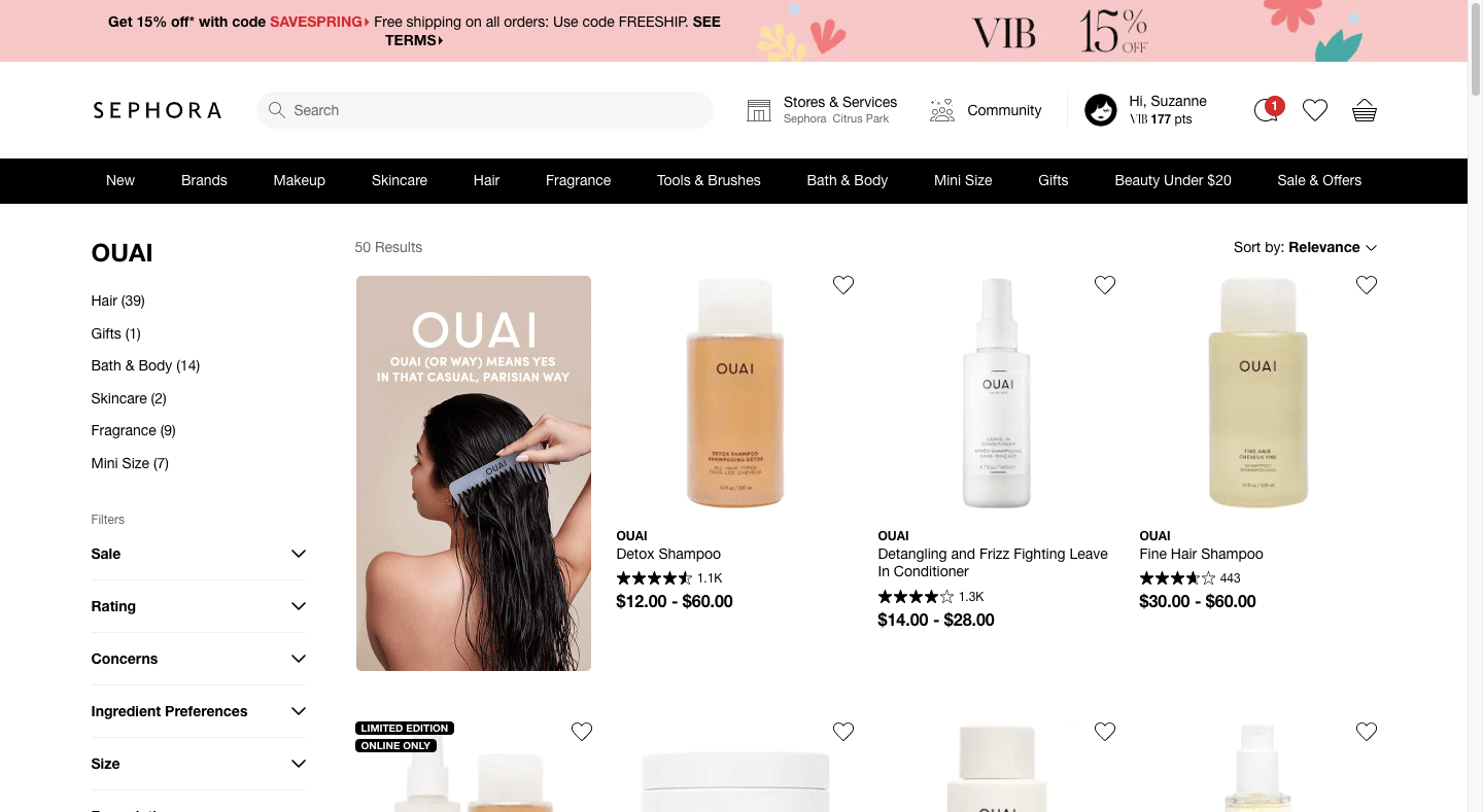 In Sephora search results for the brand “OUAI”, a tall promotional banner appears beside the company’s products. The banner has a beige colored background and a model running a comb through her long dark hair. The text reads: “OUAI: OUAI (or way) means yes in that casual, Parisian way”.