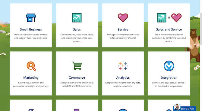On the Salesforce website, a desktop user will see rows of white blocks promoting the company’s various pricing plans: Small Business, Sales, Service, Sales and Service, Marketing, Commerce, Analytics, Integration, and more. Each box has a color icon and a sentence describing the plan.