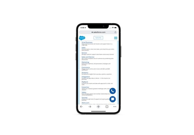 On the Salesforce website, a mobile user will see a landing page with blue header links that promote each pricing plan: Small Business, Sales, Service, Sales and Service, Marketing, Commerce, Analytics, Integration, Platform, Industries, Safety, Success, and Work.com. Beneath each link is a sentence describing the plan.