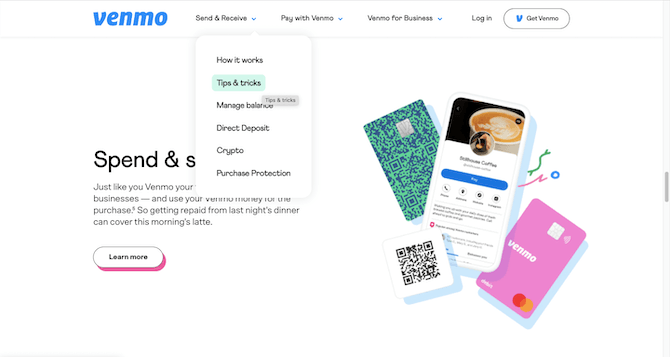 In this screenshot from the Venmo home page, the user has scrolled over the Send & Receive top-level navigation link to reveal the options beneath it. There are links for How it works, Tips & tricks, Manage balance, Direct deposit, Crypto, and Purchase protection.
