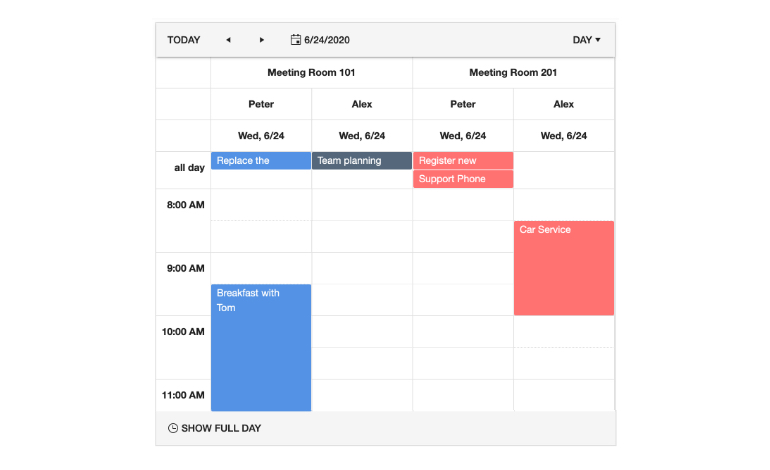 vue-Scheduler shows a calendar schedule for two different meeting rooms and two different people, so four columns displaying the same day