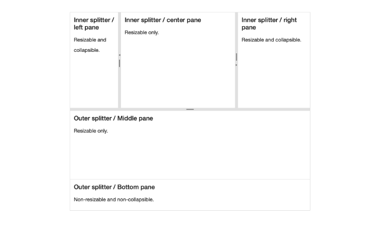 vue-Splitter-Overview - top row of three boxes shows inner splitter left pane, inner splitter center pane, and inner splitter right pane, all at different widths which are customizable. Second row box shows outer splitter middle pane. Bottom row box shows outer splitter bottom pane.