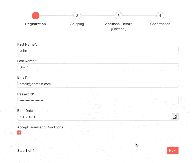 Vue-Wizard on a form, a user hits Next and the step display at the top progress to Step 2