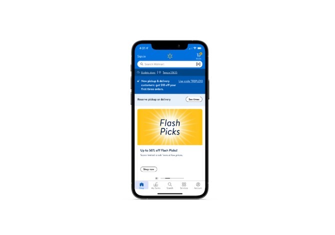 A screenshot of the Walmart mobile app demonstrates how the main navigation is in the bottom area of the UI. There are links for Shop, My Items, Search, Services, and Account.