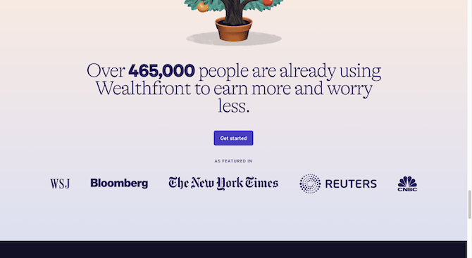 At the bottom of the Wealthfront website is a row of logos all in dark purple. The text above them reads “As Featured In” and is followed by the logos for WSF, Bloomberg, The New York Times, Reuters, and CNBC.