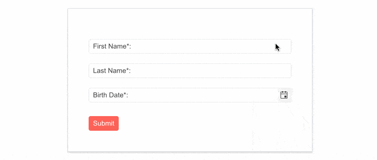 Blazor Floating Label Component transitions the “first name” field label from the input box to above the box when the box is selected.