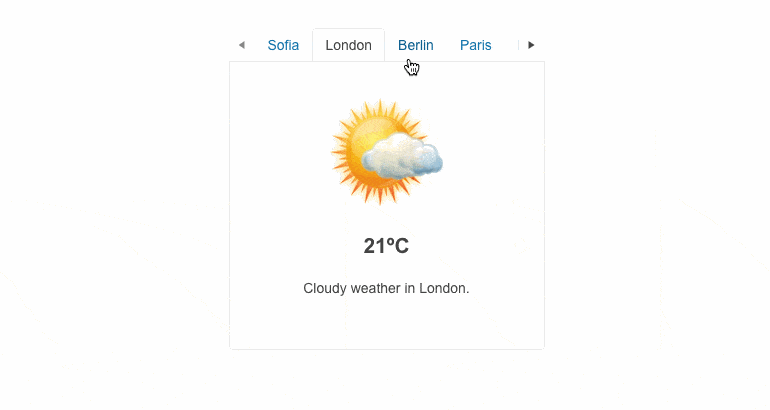 Blazor-Scrollable-Tabs on a weather app shows city options in scrollable tabs