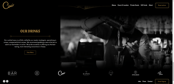 A screenshot from the home page of the Ciro’s Tampa restaurant website. It uses a dark theme — black background with white and gold text atop it. In this screenshot, we see a paragraph describing “Our Drinkings” with a button to “View Menu”. Beside it is a black-and-white photo of a bartender pouring a martini from a shaker.