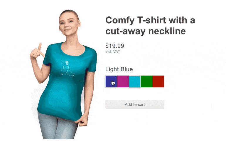 ColorPalette-Overview shows a woman wearing a t-shirt with a color selector beside the picture, changing her shirt color when a new color is picked