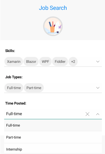 .NET MAUI ComboBox Control showing a job search with fields for skills, job types, time posted