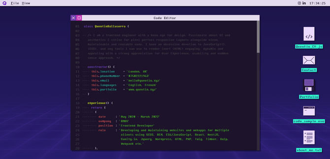 A screenshot from the website for Quentin Dallaserra. It looks like a computer screen from the ‘80s or ‘90s. Each of the “pages” for Quentin_CV.js, Contact, Portfolio, code_sample.exe, or about_me.txt are accompanied by old school icons. When opened, a command line interface appears in the center of the screen.