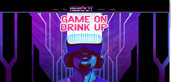 A screenshot of the hero image on the Reboot Dunedin arcade website. The background graphic is a trippy ‘80s-inspired illustration with black, neon purple, and some gradients and textures. In front of the background is a man with a goatee wearing a VR headset looking up at the words “GAME ON, DRINK UP”.