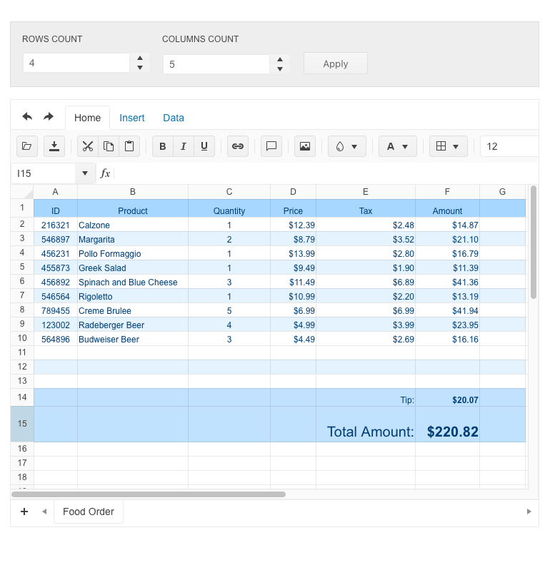 Spreadsheet with fields to edit the number of rows and columns