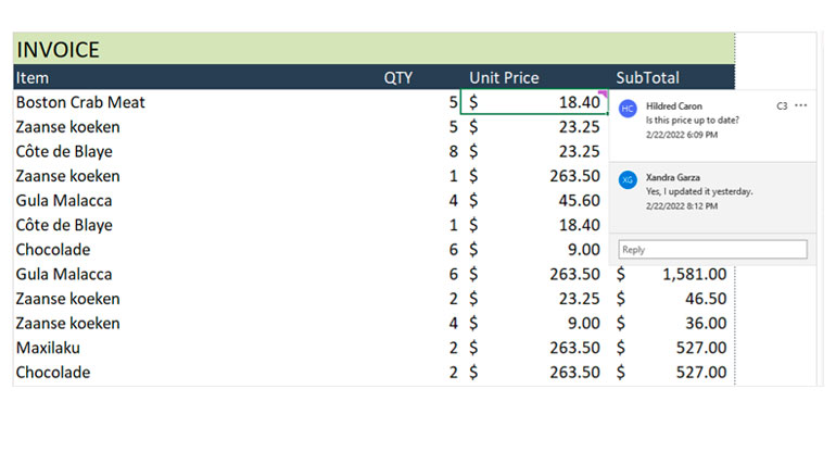 Invoice spreadsheet has comments with a question and response