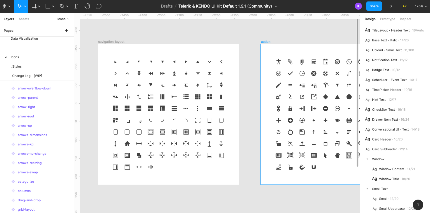 Screenshot of the Icons page in the Kendo UI Figma Kit