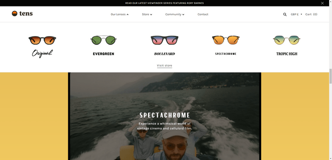 A screenshot of the Tens Sunglasses home page with the “Our Lenses” navigation menu open. It shows five sunglasses products: Original has rectangular black frames and a reddish-yellowish lens. Evergreen has circular metallic frames and green lenses. Boulevard has black square frames and a blue-pink gradient lens. Spectachrome has a rectangular metal frame with yellowish lens. Topric High has semi-circular metallic frames with a blue-yellow gradient lens.