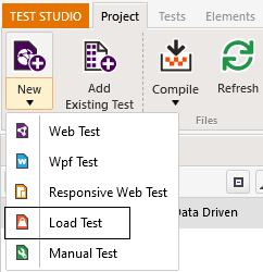 The Test Studio menu bar with the Project tab selected. The first icon, labeled “New” has a dropdown arrow below that has been clicked to show a list of options. The Load Test option has been selected.