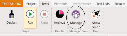 The Test Studio menu with the Tests tab selected. The second last icon, labelled Manage, is circled.