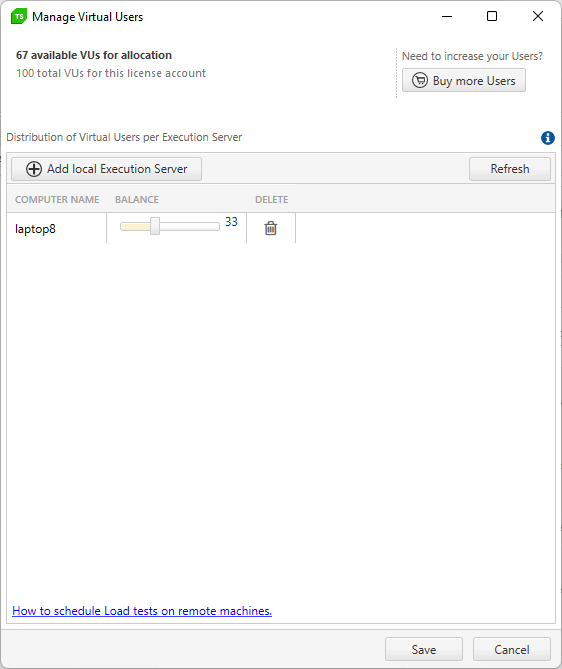 The Manage Virtual Users dialog. The dialog lists a single computer with a slider set to 33. At the top of the dialog it reads “67 available VUs for allocation. 100 total VUs for this license account”